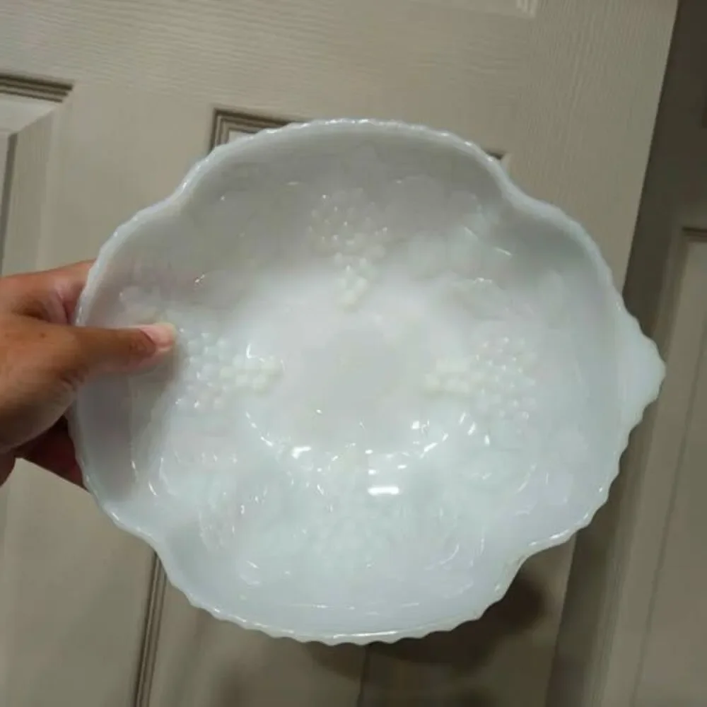 White Milk Glass Grape Pattern Bowl